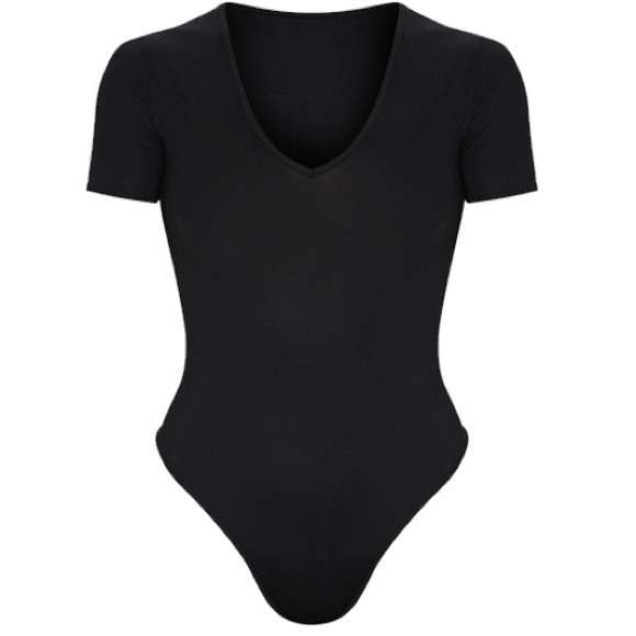 Black V Neck Shortsleeve Bodysuit - Picture 4 of 8